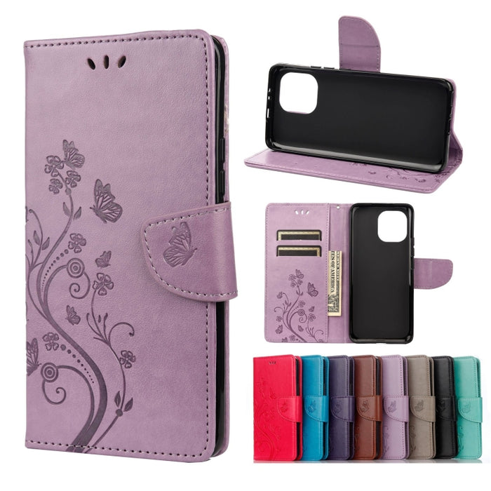 Estuche de cuero con tapa horizontal con patrón de flores de mariposa con soporte y ranuras para tarjetas y billetera, For Samsung Galaxy A22 5G, For Sony Xperia 10 III, For Xiaomi Mi 11