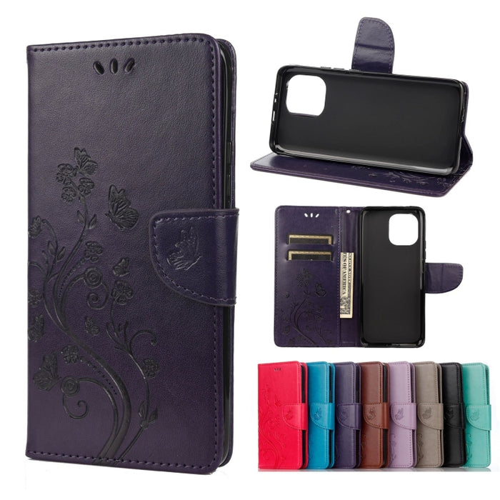Estuche de cuero con tapa horizontal con patrón de flores de mariposa con soporte y ranuras para tarjetas y billetera, For Samsung Galaxy A22 5G, For Sony Xperia 10 III, For Xiaomi Mi 11