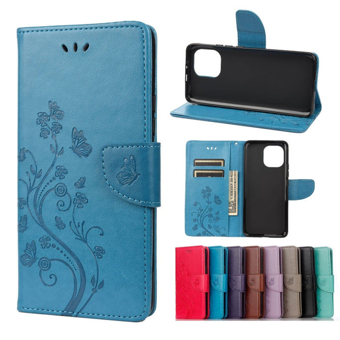 Estuche de cuero con tapa horizontal con patrón de flores de mariposa con soporte y ranuras para tarjetas y billetera, For Samsung Galaxy A22 5G, For Sony Xperia 10 III, For Xiaomi Mi 11