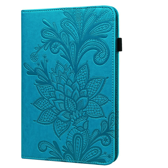 Estuche de cuero con tapa horizontal con patrón de estampado de flores de encaje con soporte y ranuras para tarjetas y billetera y marco de fotos y función de reposo / activación