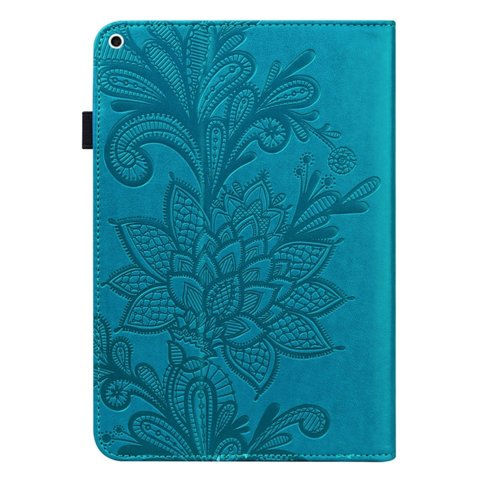 Estuche de cuero con tapa horizontal con patrón de estampado de flores de encaje con soporte y ranuras para tarjetas y billetera y marco de fotos y función de reposo / activación