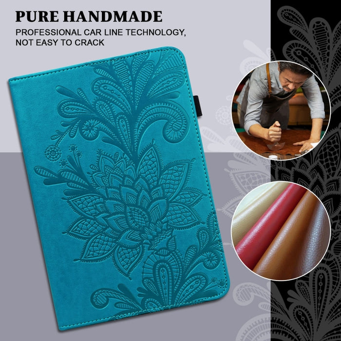 Estuche de cuero con tapa horizontal con patrón de estampado de flores de encaje con soporte y ranuras para tarjetas y billetera y marco de fotos y función de reposo / activación