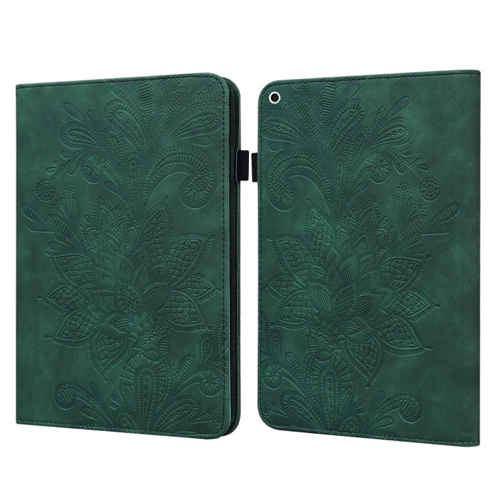 Estuche de cuero con tapa horizontal con patrón de estampado de flores de encaje con soporte y ranuras para tarjetas y billetera y marco de fotos y función de reposo / activación
