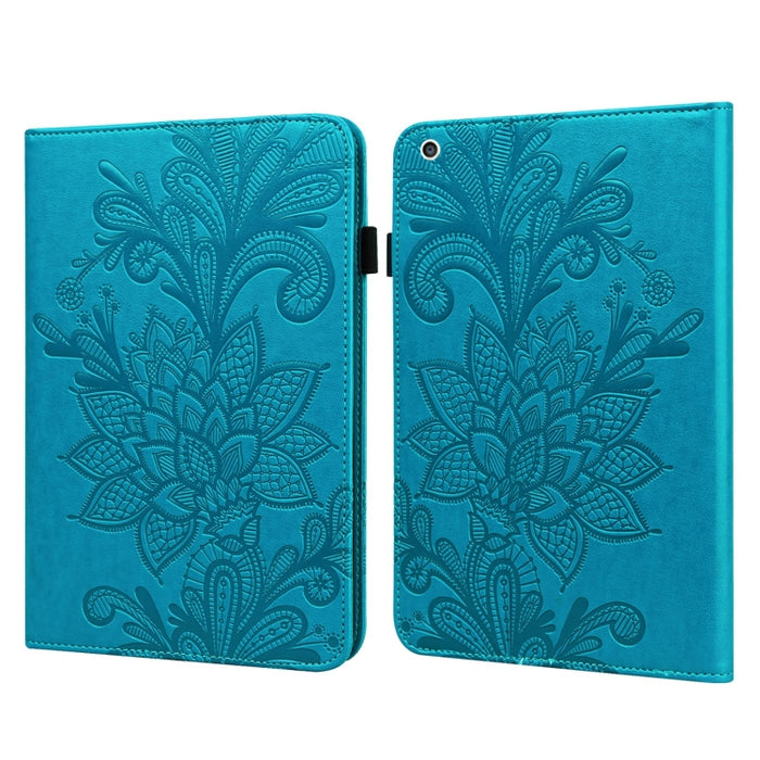 Estuche de cuero con tapa horizontal con patrón de estampado de flores de encaje con soporte y ranuras para tarjetas y billetera y marco de fotos y función de reposo / activación