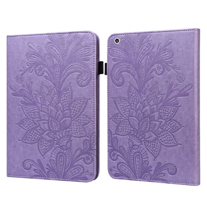 Estuche de cuero con tapa horizontal con patrón de estampado de flores de encaje con soporte y ranuras para tarjetas y billetera y marco de fotos y función de reposo / activación