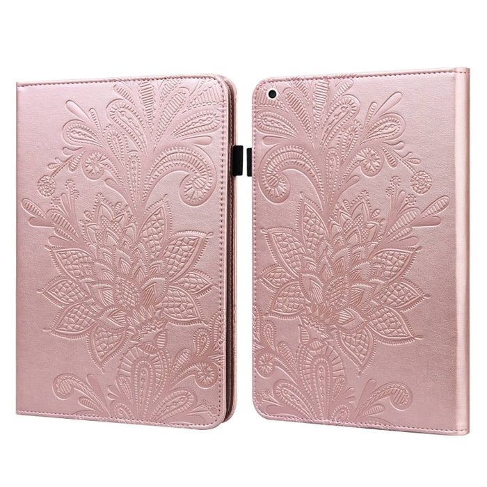 Estuche de cuero con tapa horizontal con patrón de estampado de flores de encaje con soporte y ranuras para tarjetas y billetera y marco de fotos y función de reposo / activación