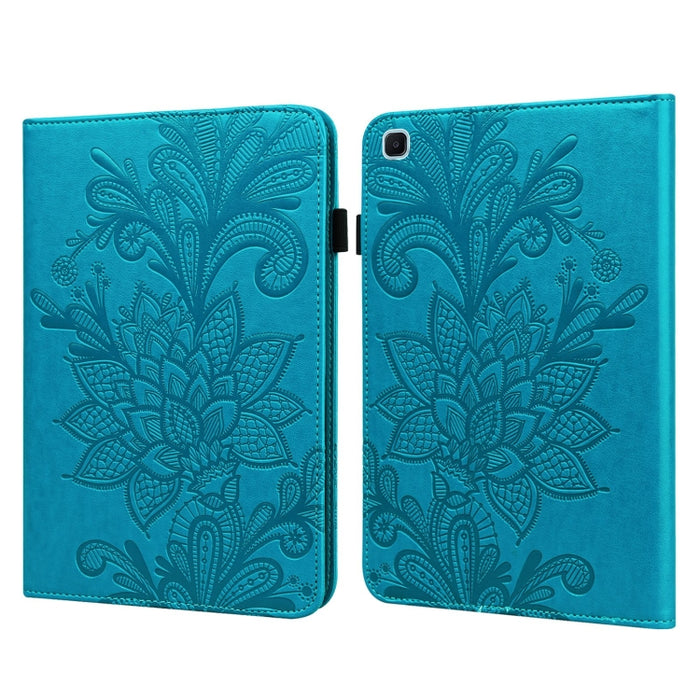 Estuche de cuero con tapa horizontal con patrón de estampado de flores de encaje con soporte y ranuras para tarjetas y billetera y marco de fotos y función de reposo / activación
