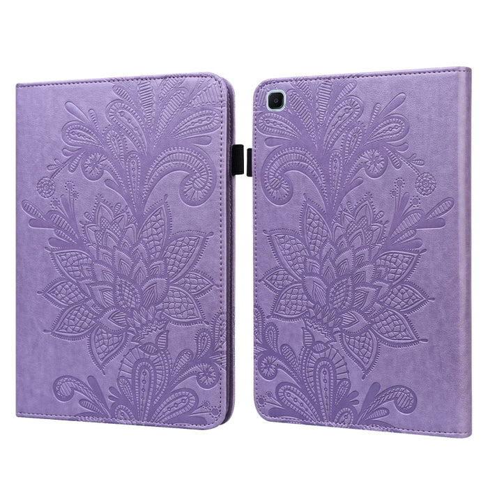 Estuche de cuero con tapa horizontal con patrón de estampado de flores de encaje con soporte y ranuras para tarjetas y billetera y marco de fotos y función de reposo / activación