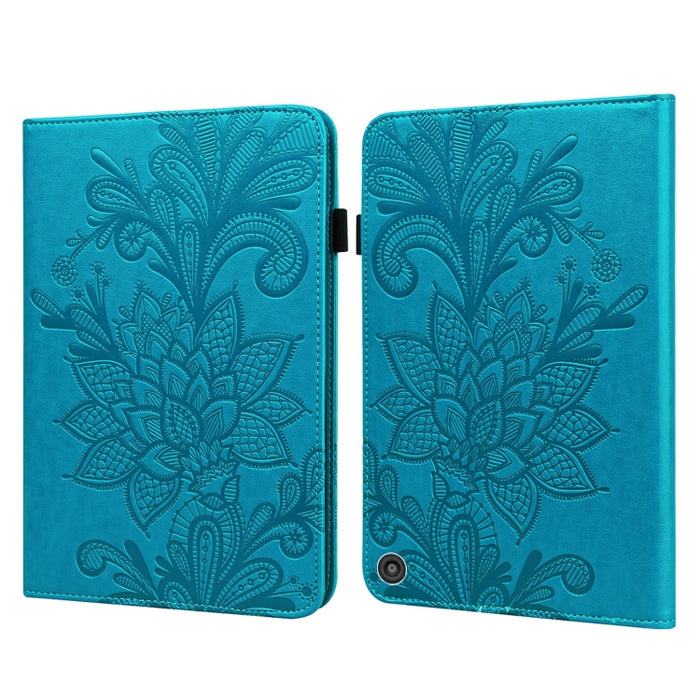 Estuche de cuero con tapa horizontal con patrón de estampado de flores de encaje con soporte y ranuras para tarjetas y billetera y marco de fotos y función de reposo / activación