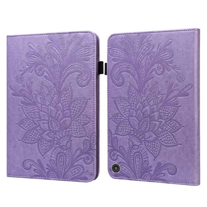 Estuche de cuero con tapa horizontal con patrón de estampado de flores de encaje con soporte y ranuras para tarjetas y billetera y marco de fotos y función de reposo / activación