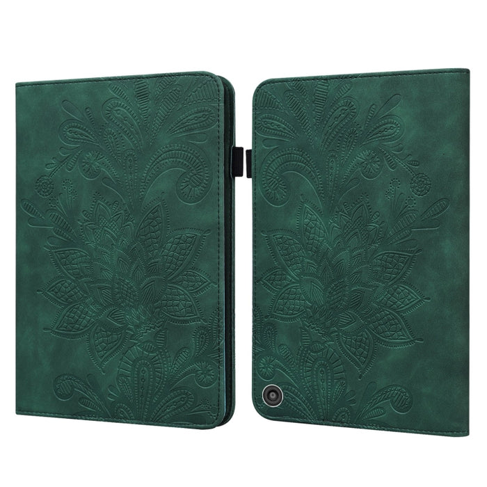 Estuche de cuero con tapa horizontal con patrón de estampado de flores de encaje con soporte y ranuras para tarjetas y billetera y marco de fotos y función de reposo / activación
