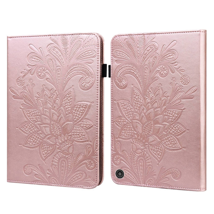 Estuche de cuero con tapa horizontal con patrón de estampado de flores de encaje con soporte y ranuras para tarjetas y billetera y marco de fotos y función de reposo / activación