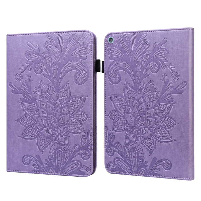 Estuche de cuero con tapa horizontal con patrón de estampado de flores de encaje con soporte y ranuras para tarjetas y billetera y marco de fotos y función de reposo / activación