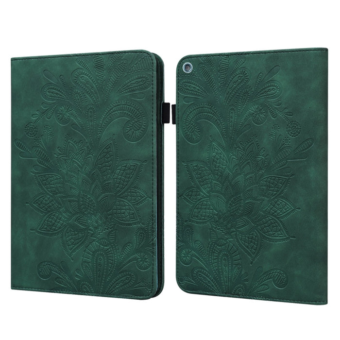 Estuche de cuero con tapa horizontal con patrón de estampado de flores de encaje con soporte y ranuras para tarjetas y billetera y marco de fotos y función de reposo / activación