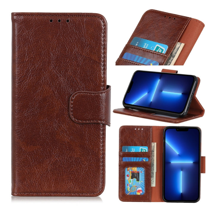 Estuche de cuero con tapa horizontal con textura de napa con soporte y ranuras para tarjetas y billetera