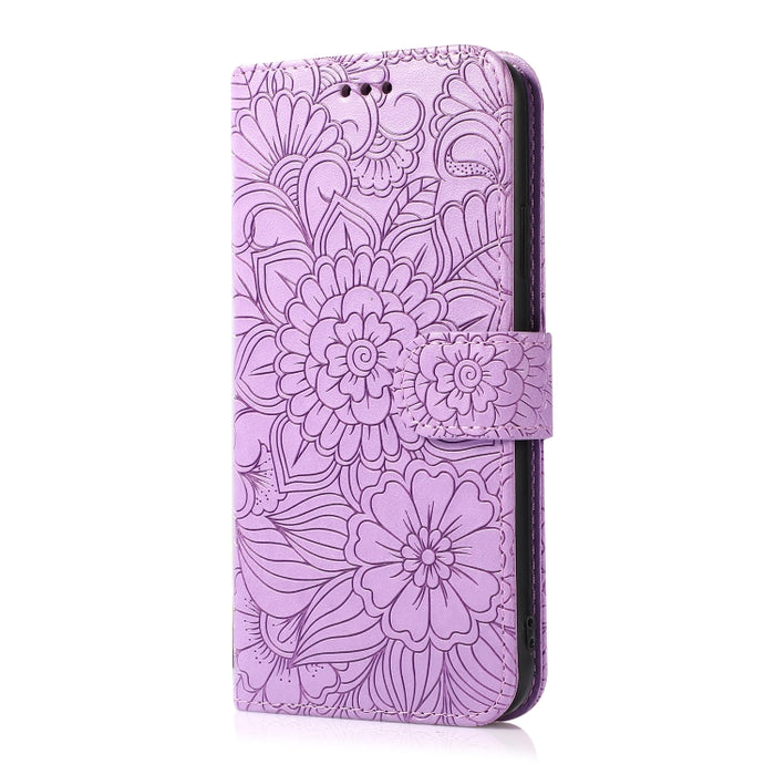 Estuche de cuero con tapa horizontal de girasol en relieve Skin Feel con soporte y ranuras para tarjetas y billetera y cordón