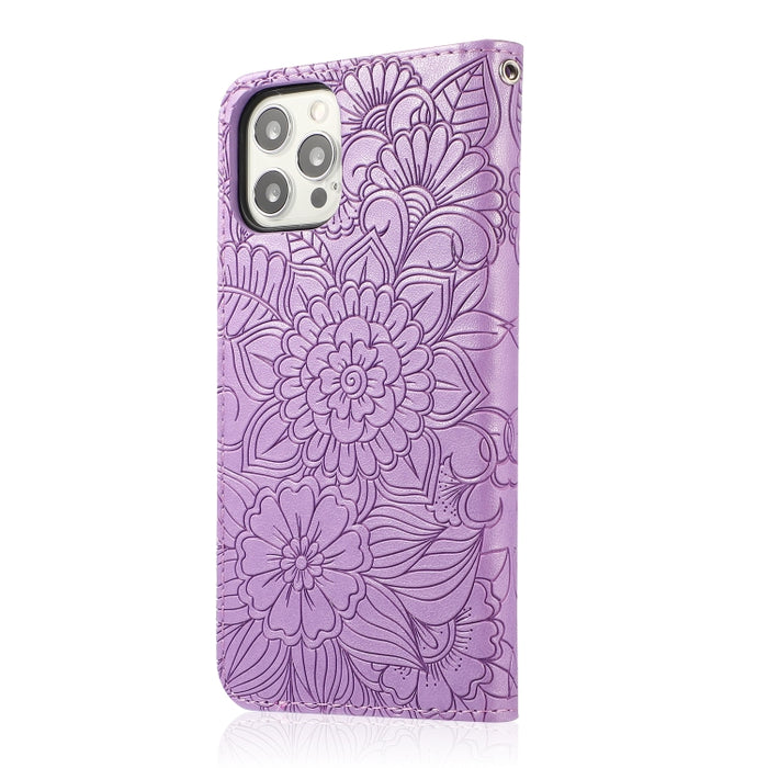Estuche de cuero con tapa horizontal de girasol en relieve Skin Feel con soporte y ranuras para tarjetas y billetera y cordón