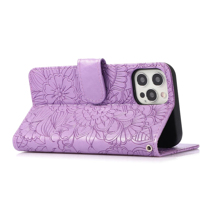 Estuche de cuero con tapa horizontal de girasol en relieve Skin Feel con soporte y ranuras para tarjetas y billetera y cordón