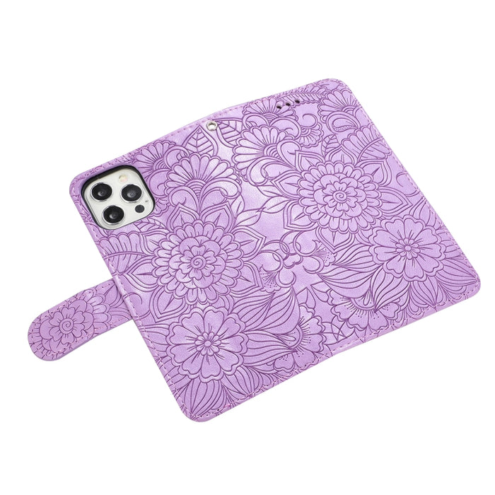 Estuche de cuero con tapa horizontal de girasol en relieve Skin Feel con soporte y ranuras para tarjetas y billetera y cordón