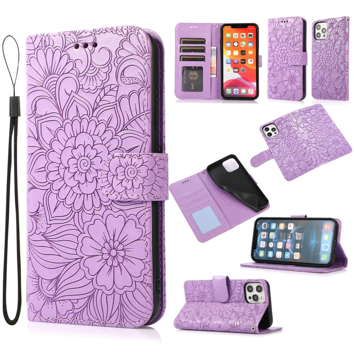 Estuche de cuero con tapa horizontal de girasol en relieve Skin Feel con soporte y ranuras para tarjetas y billetera y cordón