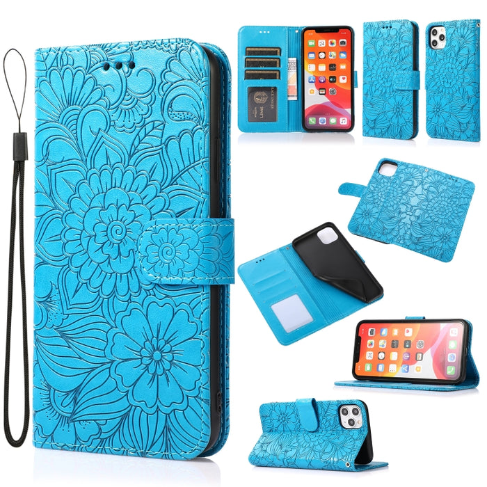 Estuche de cuero con tapa horizontal de girasol en relieve Skin Feel con soporte y ranuras para tarjetas y billetera y cordón