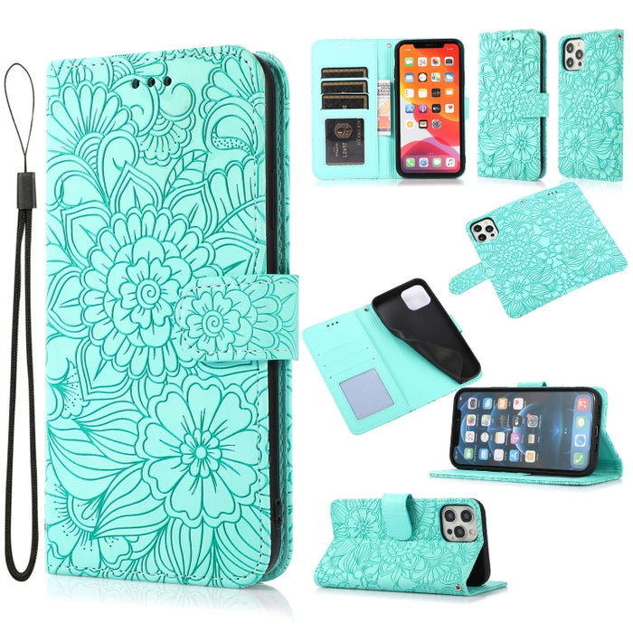 Estuche de cuero con tapa horizontal de girasol en relieve Skin Feel con soporte y ranuras para tarjetas y billetera y cordón