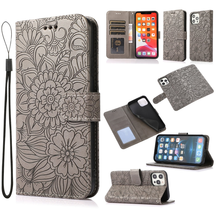 Estuche de cuero con tapa horizontal de girasol en relieve Skin Feel con soporte y ranuras para tarjetas y billetera y cordón