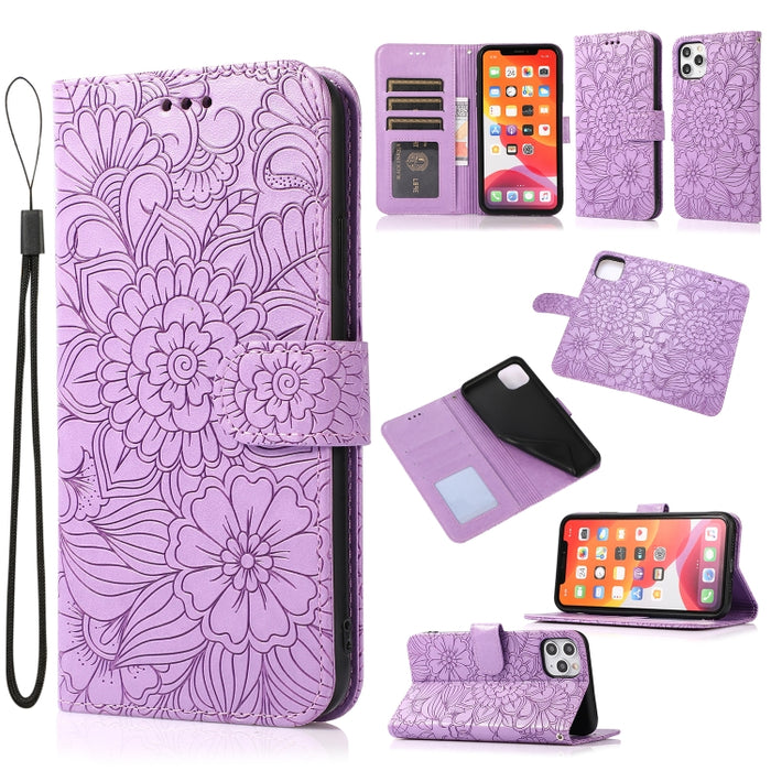 Estuche de cuero con tapa horizontal de girasol en relieve Skin Feel con soporte y ranuras para tarjetas y billetera y cordón
