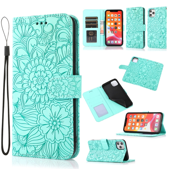 Estuche de cuero con tapa horizontal de girasol en relieve Skin Feel con soporte y ranuras para tarjetas y billetera y cordón