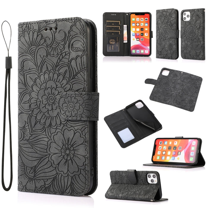 Estuche de cuero con tapa horizontal de girasol en relieve Skin Feel con soporte y ranuras para tarjetas y billetera y cordón