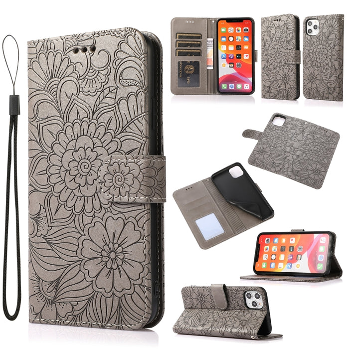 Estuche de cuero con tapa horizontal de girasol en relieve Skin Feel con soporte y ranuras para tarjetas y billetera y cordón