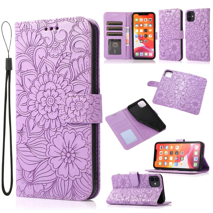 Estuche de cuero con tapa horizontal de girasol en relieve Skin Feel con soporte y ranuras para tarjetas y billetera y cordón