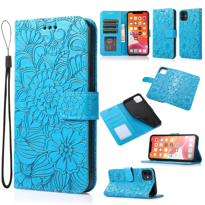 Estuche de cuero con tapa horizontal de girasol en relieve Skin Feel con soporte y ranuras para tarjetas y billetera y cordón