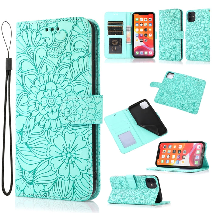 Estuche de cuero con tapa horizontal de girasol en relieve Skin Feel con soporte y ranuras para tarjetas y billetera y cordón