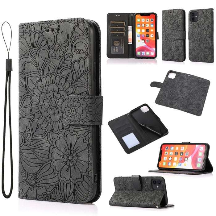 Estuche de cuero con tapa horizontal de girasol en relieve Skin Feel con soporte y ranuras para tarjetas y billetera y cordón