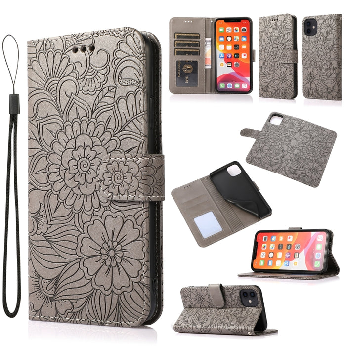 Estuche de cuero con tapa horizontal de girasol en relieve Skin Feel con soporte y ranuras para tarjetas y billetera y cordón
