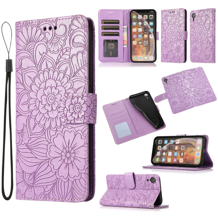 Estuche de cuero con tapa horizontal de girasol en relieve Skin Feel con soporte y ranuras para tarjetas y billetera y cordón