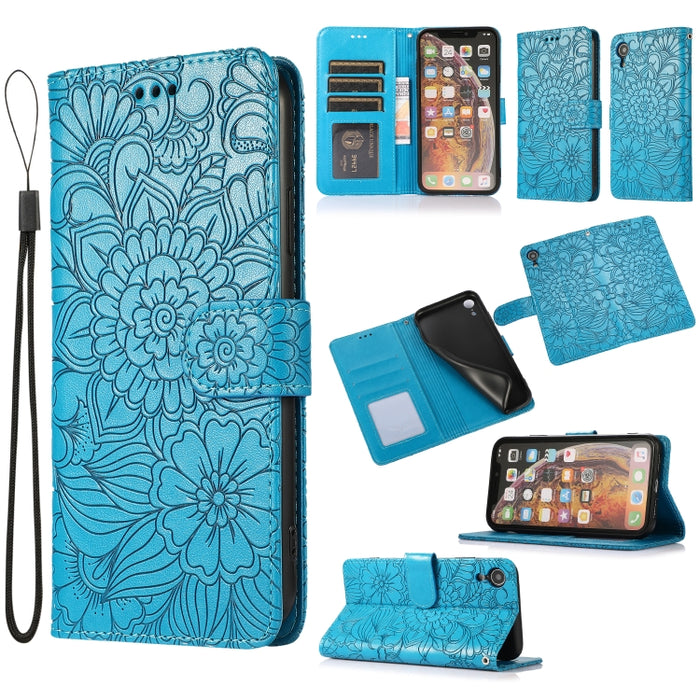 Estuche de cuero con tapa horizontal de girasol en relieve Skin Feel con soporte y ranuras para tarjetas y billetera y cordón