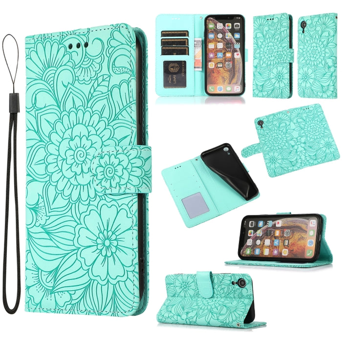 Estuche de cuero con tapa horizontal de girasol en relieve Skin Feel con soporte y ranuras para tarjetas y billetera y cordón