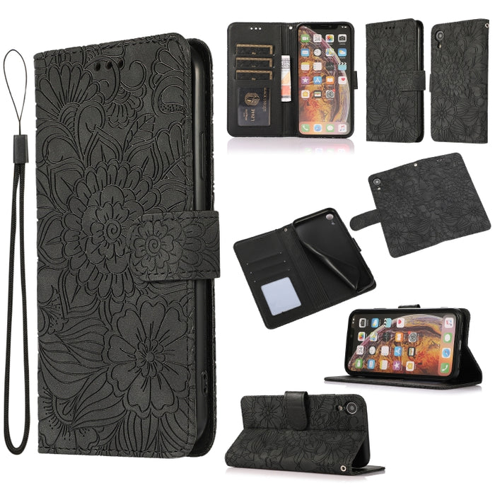 Estuche de cuero con tapa horizontal de girasol en relieve Skin Feel con soporte y ranuras para tarjetas y billetera y cordón
