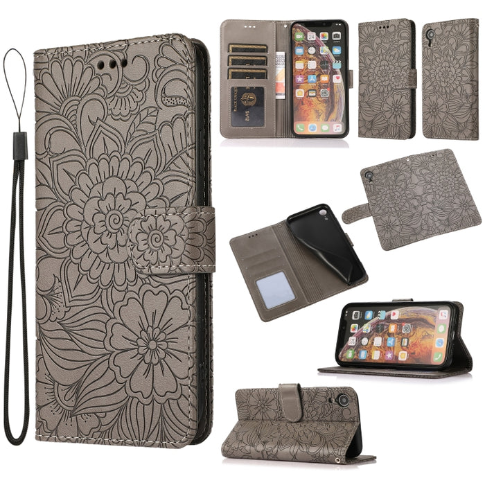 Estuche de cuero con tapa horizontal de girasol en relieve Skin Feel con soporte y ranuras para tarjetas y billetera y cordón