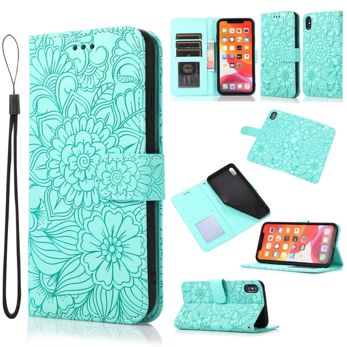 Estuche de cuero con tapa horizontal de girasol en relieve Skin Feel con soporte y ranuras para tarjetas y billetera y cordón