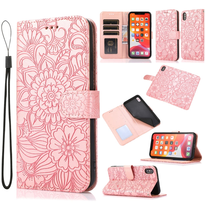 Estuche de cuero con tapa horizontal de girasol en relieve Skin Feel con soporte y ranuras para tarjetas y billetera y cordón
