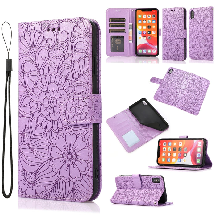 Estuche de cuero con tapa horizontal de girasol en relieve Skin Feel con soporte y ranuras para tarjetas y billetera y cordón