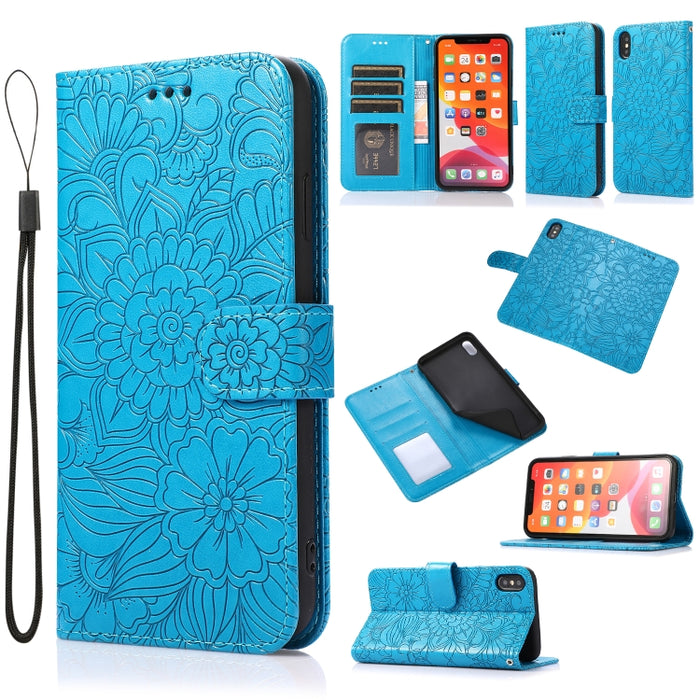 Estuche de cuero con tapa horizontal de girasol en relieve Skin Feel con soporte y ranuras para tarjetas y billetera y cordón