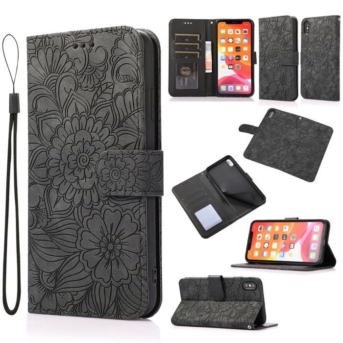 Estuche de cuero con tapa horizontal de girasol en relieve Skin Feel con soporte y ranuras para tarjetas y billetera y cordón