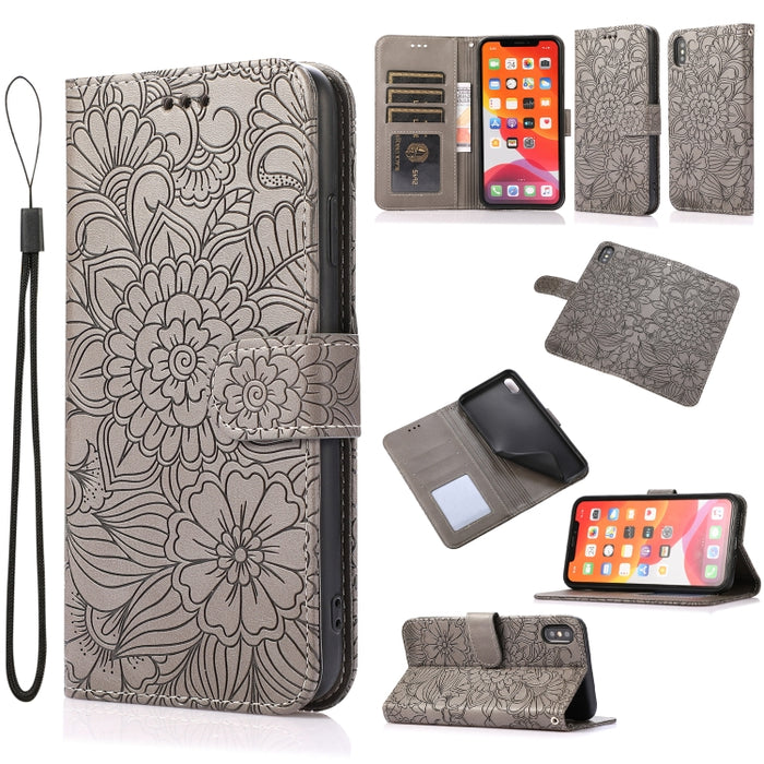 Estuche de cuero con tapa horizontal de girasol en relieve Skin Feel con soporte y ranuras para tarjetas y billetera y cordón
