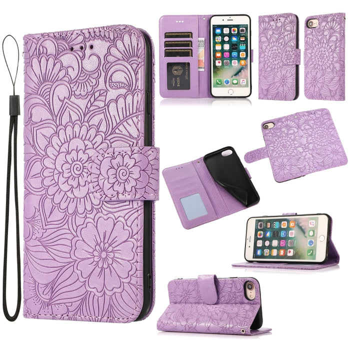 Estuche de cuero con tapa horizontal de girasol en relieve Skin Feel con soporte y ranuras para tarjetas y billetera y cordón
