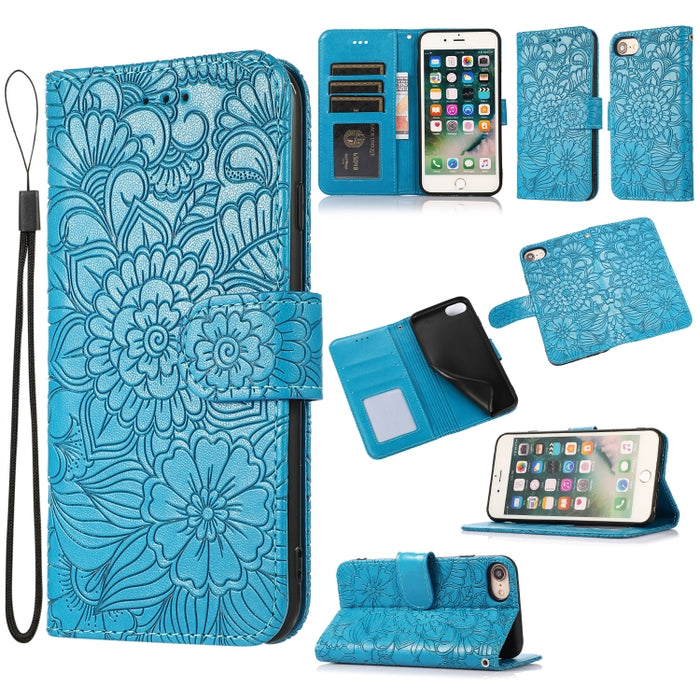 Estuche de cuero con tapa horizontal de girasol en relieve Skin Feel con soporte y ranuras para tarjetas y billetera y cordón