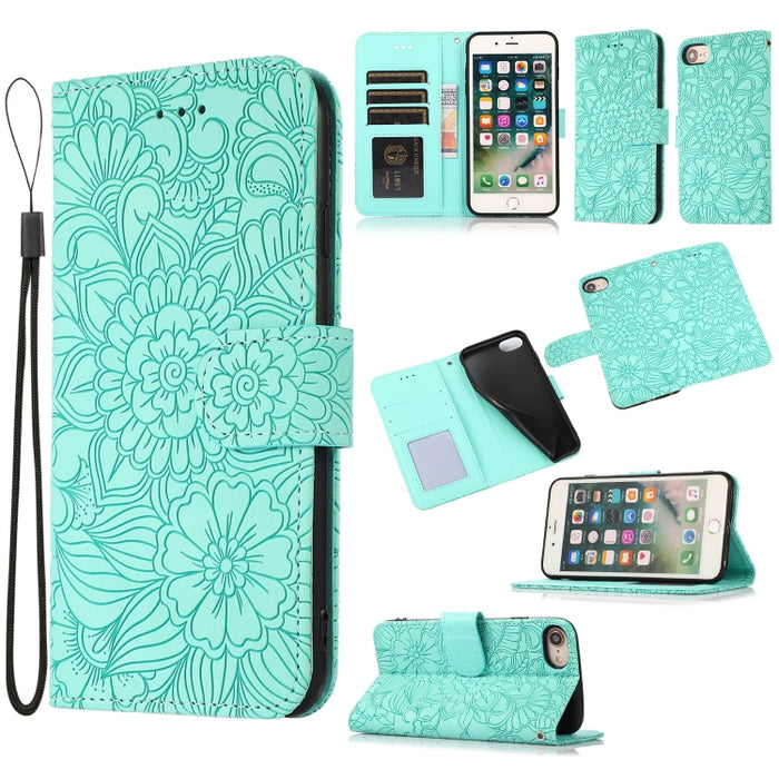 Estuche de cuero con tapa horizontal de girasol en relieve Skin Feel con soporte y ranuras para tarjetas y billetera y cordón